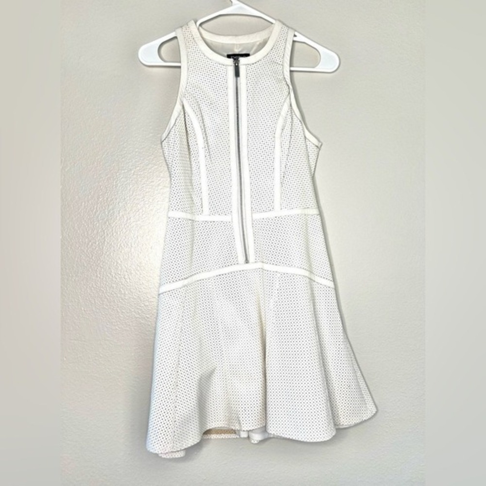 Bebe White Perforated 100%‎ Leather Zip Front Fit and Flare Mini Dress Size 4